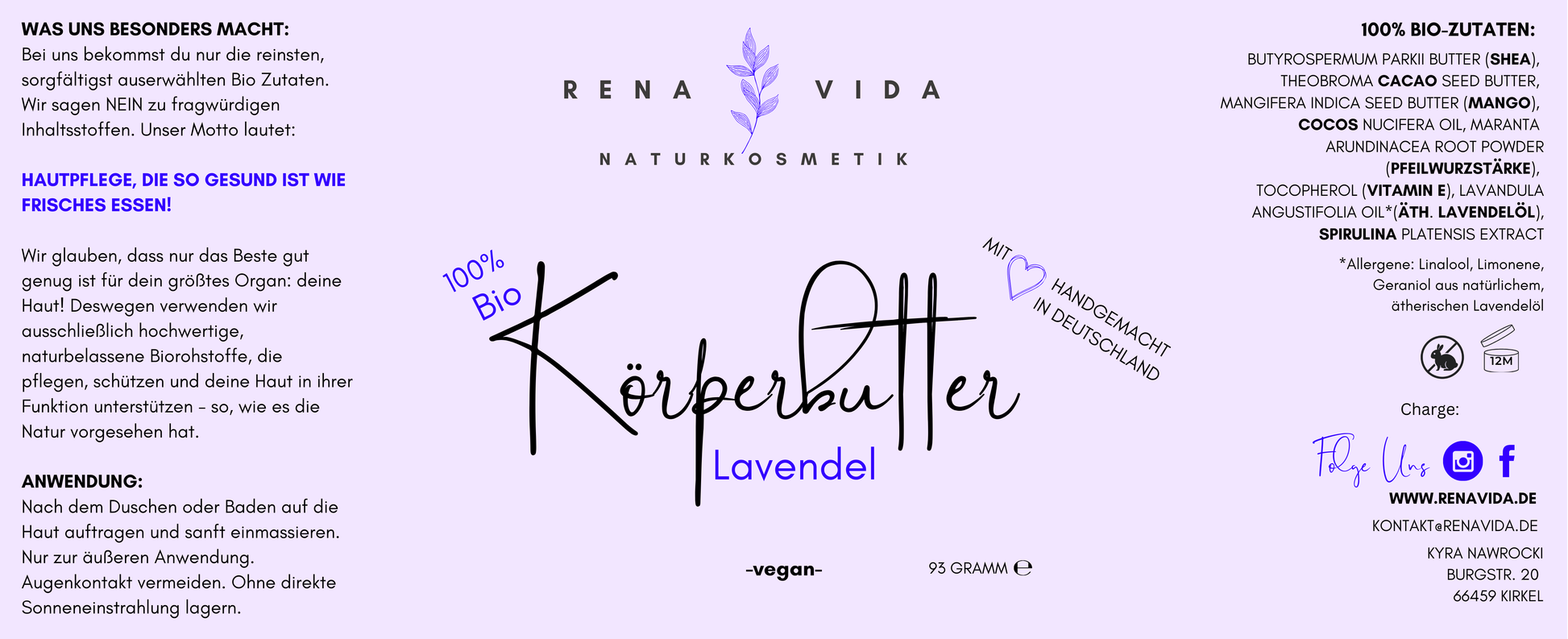 Körperbutter Bio Lavendel – hangemacht - für Entspannung in ihrer reinsten Form - Renavida